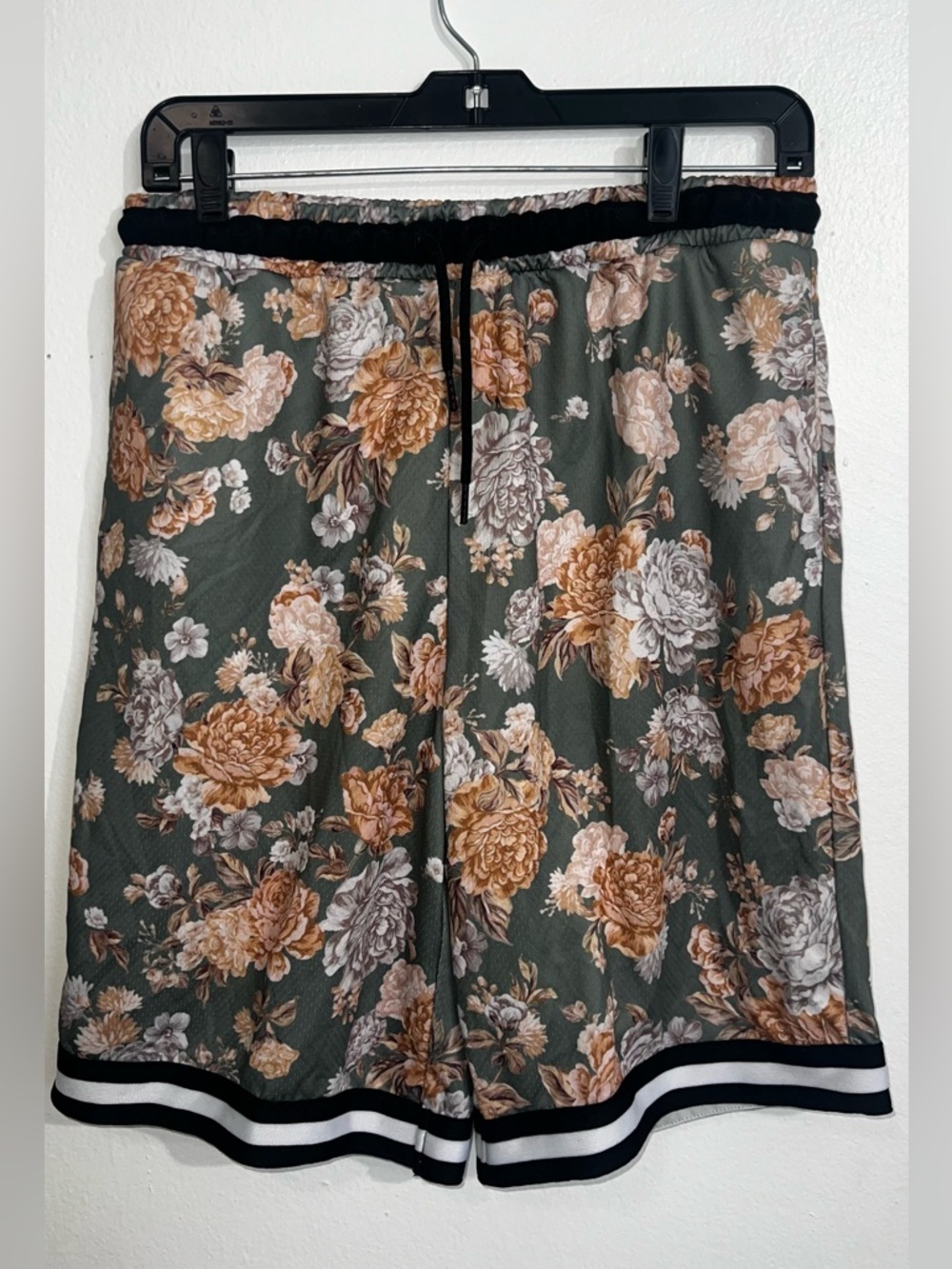 Primark Olive Green Floral Athletic Shorts with Black Trim